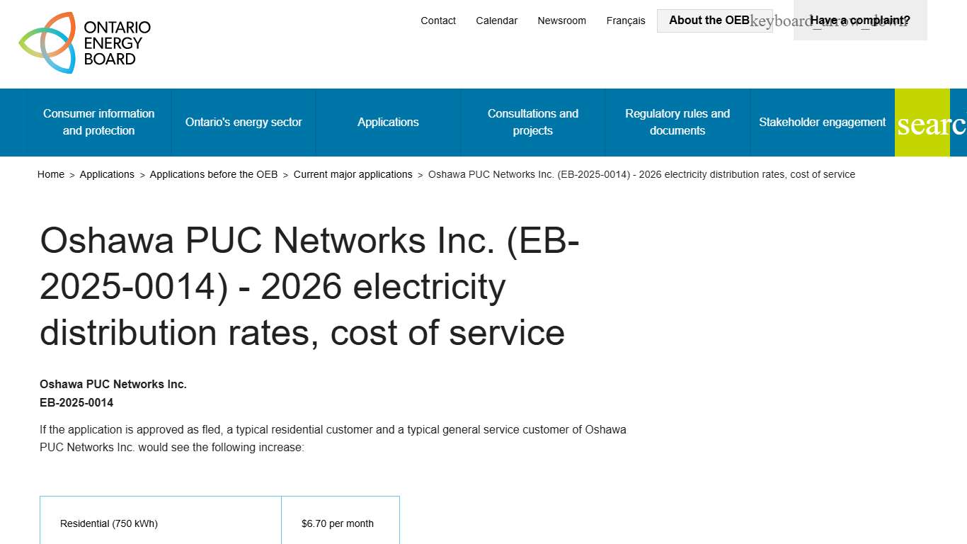 Oshawa PUC Networks Inc. (EB-2025-0014) - 2026 electricity distribution rates, cost of service | Ontario Energy Board