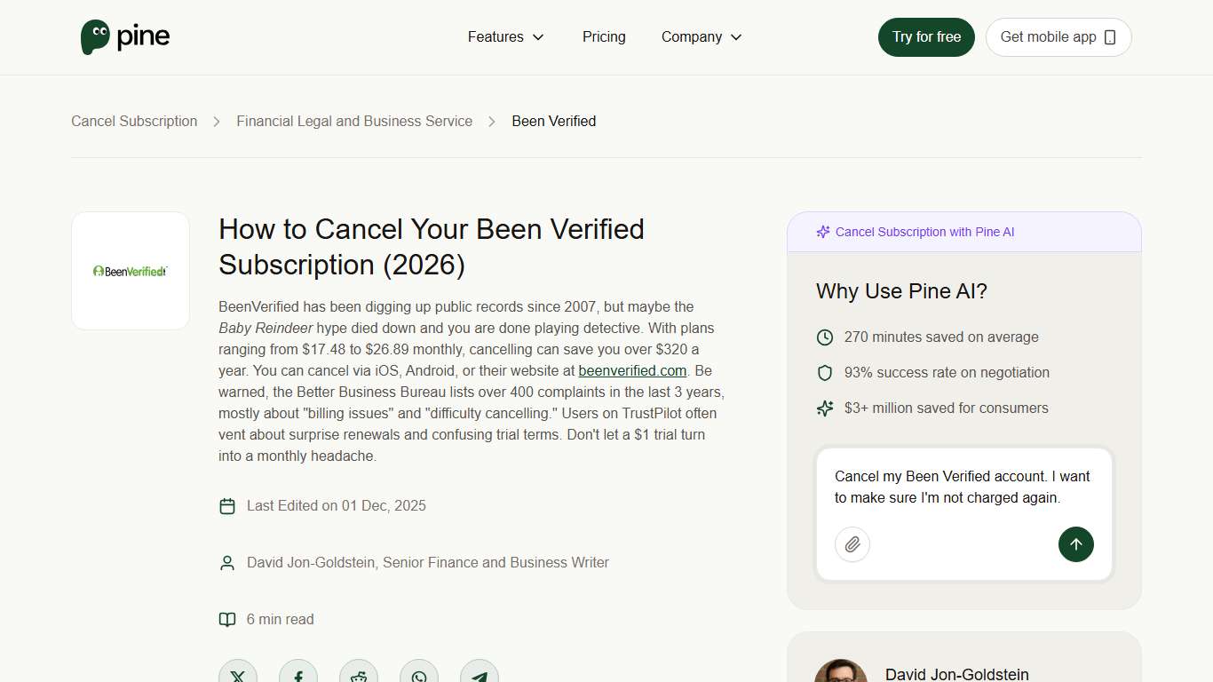 How to Cancel Your Been Verified Subscription (2026) | Pine AI